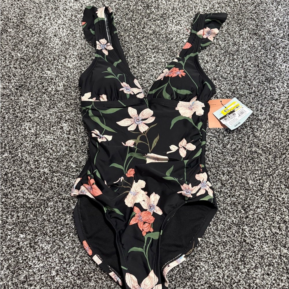 NWT woman’s shade & shore XS Black Floral One-Piece Swimsuit